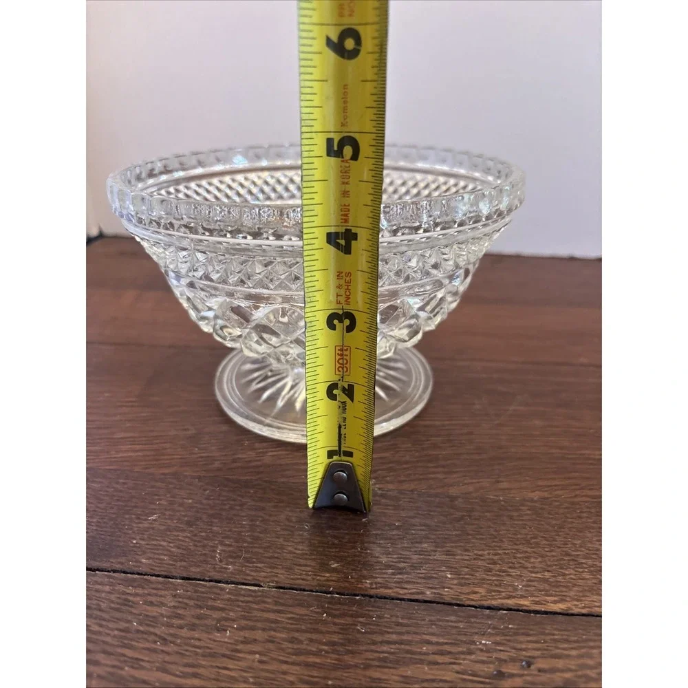 Vintage Clear Pressed Glass Footed Bowl Diamond Cut Scalloped Rim Compote 6 inch